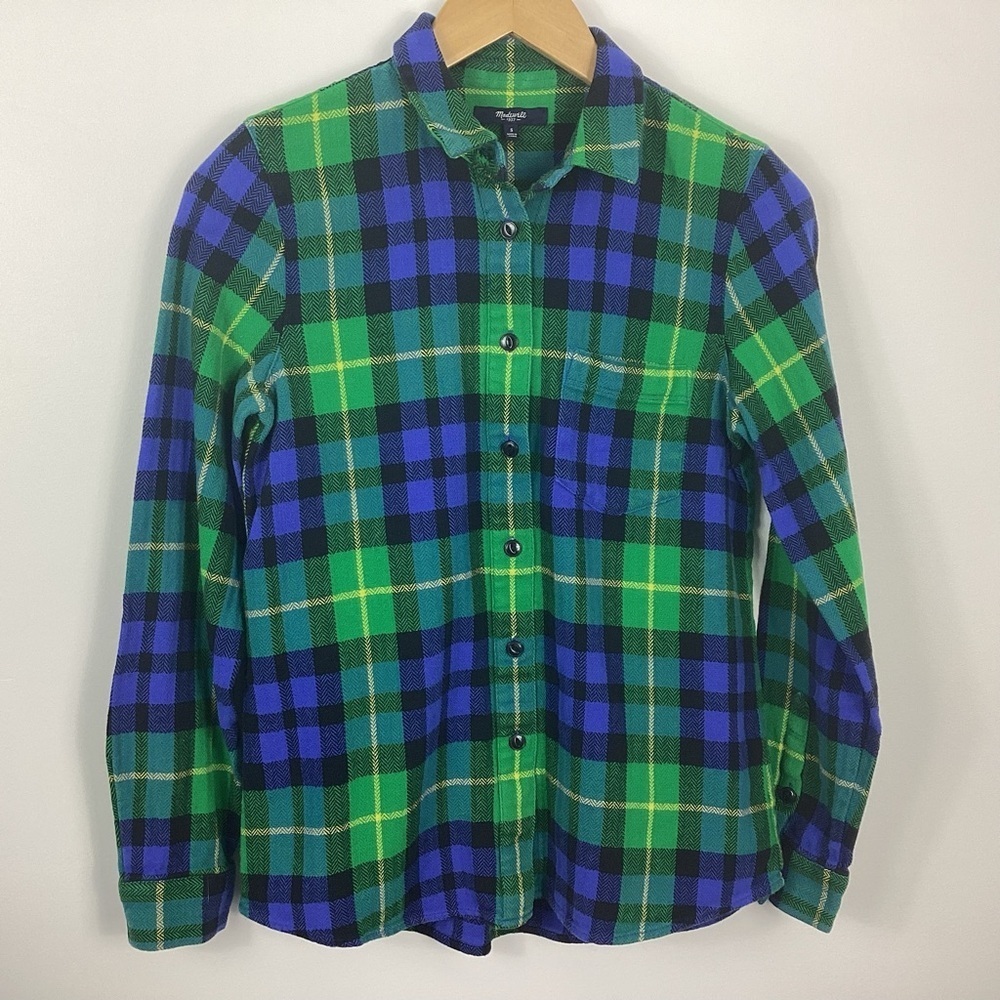 Madewell Plaid Bright Green Colbolt Top Size Small